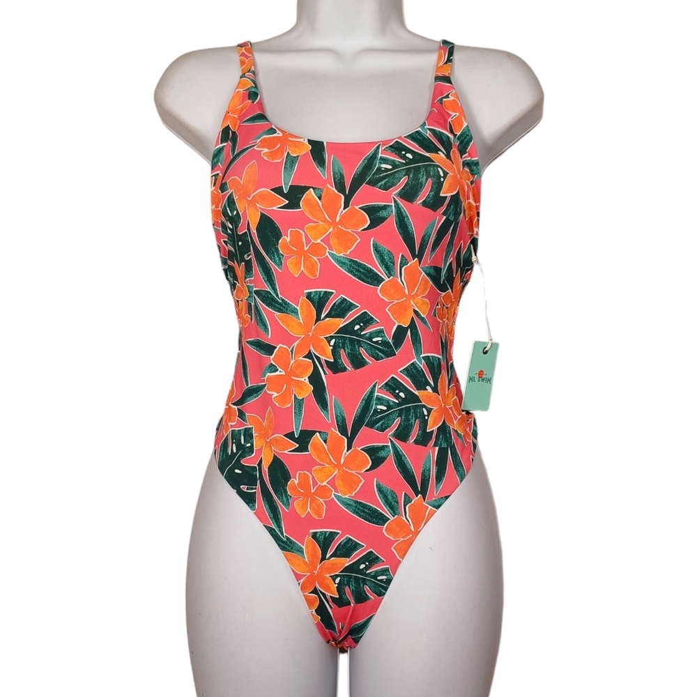 MARINE LAYER Teal Rose Pink Floral Print Criss Cross One Piece Swimsuit S NWT